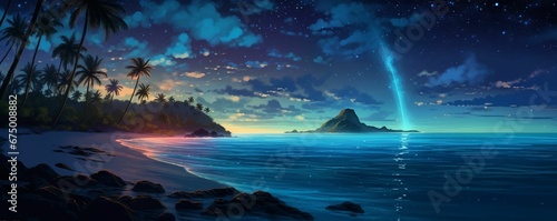 AI generated illustration of a tropical coastline against the sea under the night starry sky