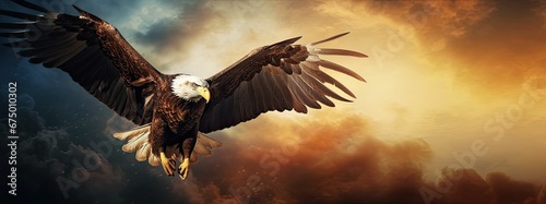 an eagle with wings spread over the ground in front of dark clouds