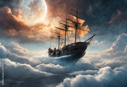 AI generated illustration ofa majestic sailing vessel sailing through the sky