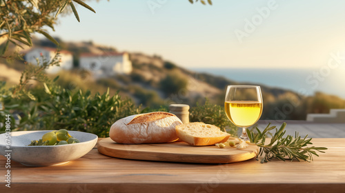 Wine, bread, and cheese, on the Almafi Coast in Italy