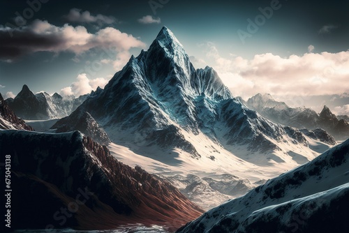 AI generated illustration of rocky mountains covered with snow at sunset