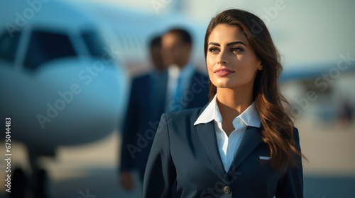 Flight attendant in uniform look friendly at airport , pleasant service for airline passengers