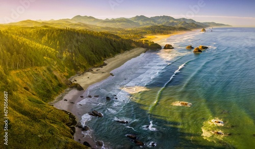 The view over the Crescent Beach on the Oregon coast, Bird Rocks, Cannon Beach, and Haystack Rock