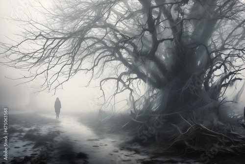 person walking down path fog horror thick knotted branches grey human staring blankly ahead trailing white vapor background vanishing beds shadows
