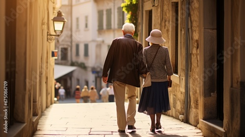 happiness joyful pension retired couple walking together sight seeing street downtown travel in famous travel destination two people walking in attractive old town daytime