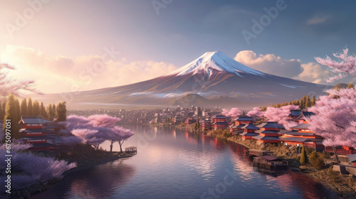 Beautiful japanese village town in the morning. buddhist temple shinto at sea river, cherry blossom sakura growing, mount fuji in background.