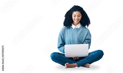 Laptop, learning and a black woman student isolated on a transparent background to study for university. Computer, education and research with a happy young college pupil on PNG for scholarship