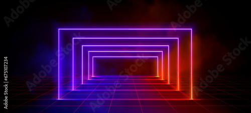 3D led light portal perspective on grid background. Vector realistic illustration of blue and red neon rectangle arch, clouds of transparent smoke, retro wireframe landscape, 80s disco stage design