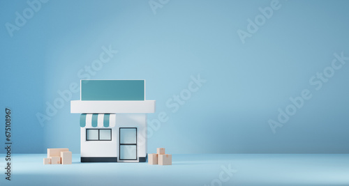 Minimal Shop store menu front sign on blue background. Shopping concept. discount promotion sale, banner, business investment. 3d rendering.