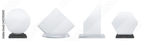 Glass transparent trophy mockup with empty acrylic shape on base. Realistic vector set of round, rhombus and hexagon plexiglass award for sport competition winner or business achievement prize.