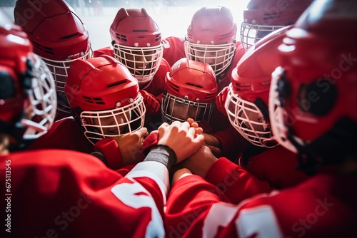 High school hockey team with teenage boys holding hands in a huddle