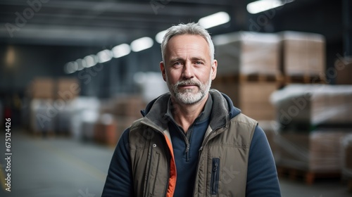 A middle-aged man stands in a warehouse, factory worker