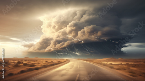 Dramatic storm clouds over a desert road with vivid lightning strikes.