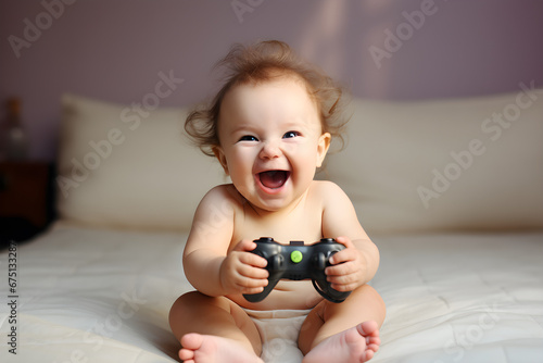 portrait of happy baby playing games console on bed