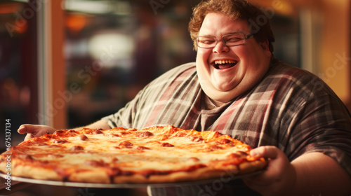 Fat happy man in restaurant or cafe with pizza