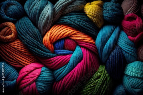 AI generated illustration of colorful pile of multicolored knitted fabrics textures