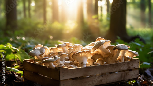 Oyster mushrooms in a wooden basket on a blurred background of the autumn forest. Generative AI