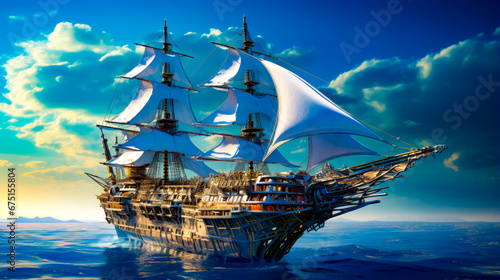 Computer generated image of pirate ship sailing in the ocean on sunny day.
