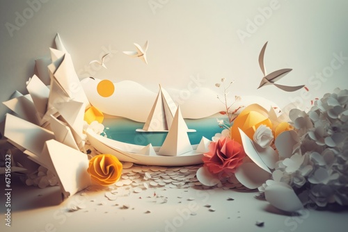 Masterpiece paper craft sea with boats. Handmade paper creativity with colorful figures. Generate ai