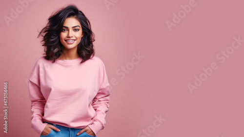 An Indian woman wearing pink sweatshirt isolated on pastel background