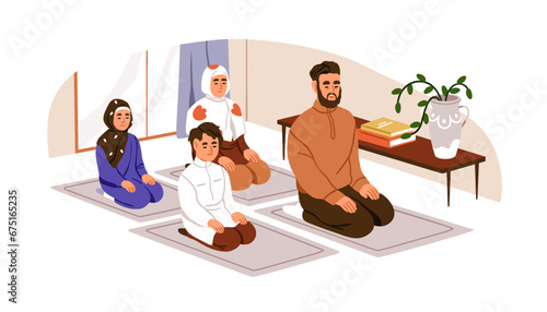 Muslim family during Namaz, Salah. Religious parents and children praying. Eastern people reciting prayers to Allah. Islam religion concept. Flat vector illustration isolated on white background