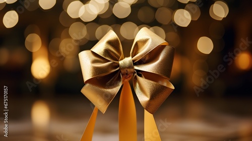 gold ribbon bow with christmas star hang tag