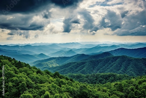 A panoramic view of layered Blue Ridge mountains with cloudy skies in high dynamic range. Generative AI