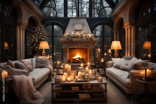 Luxury Christmas living room, winter mansion, cozy evening, Christmas tree, toned colors, 