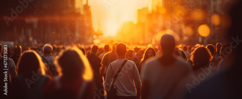 A Crowd of People Crosses the Street in the Heart of the City During Sunset, Capturing the Dynamic Energy of Urban Life.