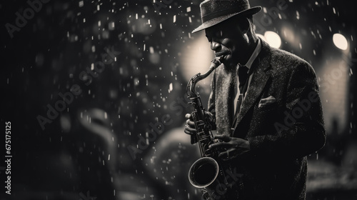 A jazz musician plays his saxophone outside in the rain