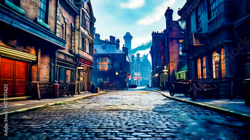 Cobblestone street with steam engine on the side of it.