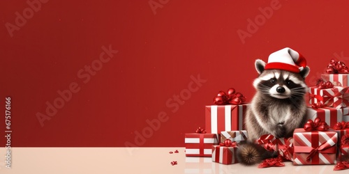 Cute raccoon among New Year's gifts on a red background, banner. copy space