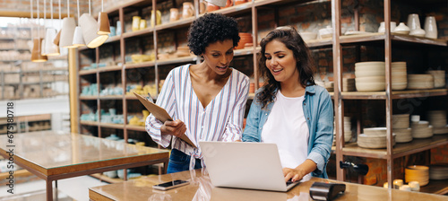 Two young shop owners using a laptop in their store