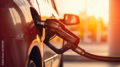 Fuel pump, gas station and vehicle for gas refill, inflation or finance at local fuel garage. Close-up, flare, and petrol pump nozzle in car or automobile for crisis, gasoline and travelling expenses
