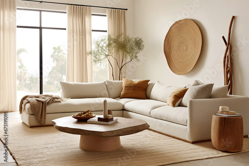 Live edge coffee table near corner sofa. Boho ethnic home interior design of modern living room.