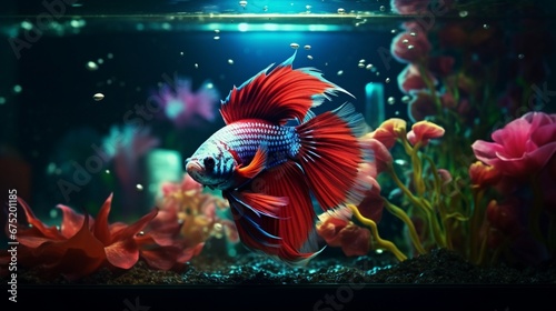 Cute betta aquarium fishs glass decorations ideas photography image AI generated art