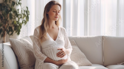 Pregnant woman doing meditation at home to reduce anxiety and stress and during pregnancy.