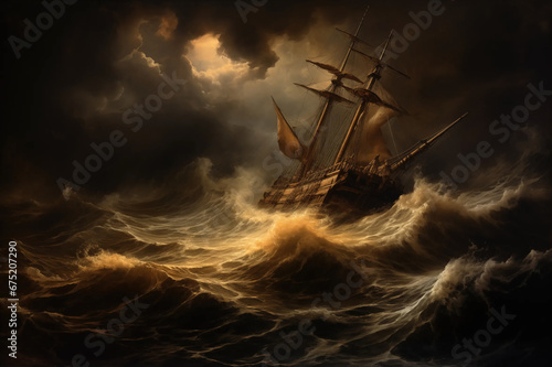 An Oil Painting Style Illustration of a Ship in a Storm Crashing Waves, Dark Artwork Hang in Stately Home or Gallery in Style of Constable, Turner, Gainsborough or From 15th, 16th, 17th, 18th Century