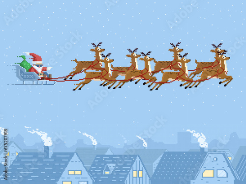 Pixel Santa on sleigh with reindeer flying in sky, Christmas holiday vector 8 bit background. Cartoon pixel Santa with gifts bag on sleigh and deer over holiday village town in winter snow
