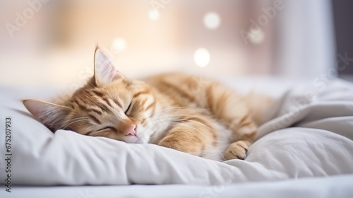 Sleeping orange tabby cat on a white bed with blurred background.