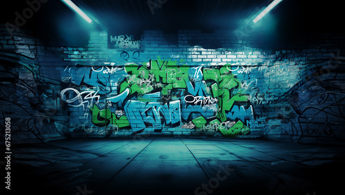 Fondo muro de ladrillo grafiti geométrico futurista verde y azul con luz artificial 