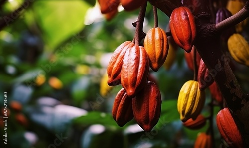Cocoa tree with ripe fruits closeup, Generative AI
