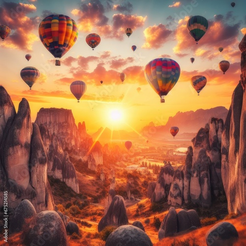 gorgeous view of flying air balloons over Cappadocia at sunrise and lots of people watching this moment from down