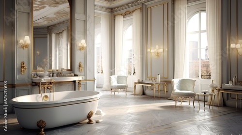 Huge bathroom with a large window, white interior with gold trim. Bathroom in a luxury hotel, luxury room