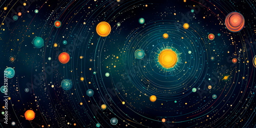 magical seamless with constellations, sun, planets, clouds and stars.