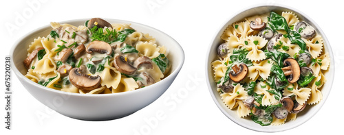Spinach and mushroom farfalle in a creamy sauce isolated on white background, italian pasta collection, food bundle