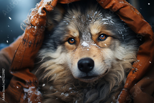  A heartwarming photograph of a snow husky cuddled up with its owner, both bundled up in warm coats against the winter chill. 