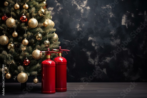 Concept of security: extinguisher on table with festive tree in backdrop. Generative AI
