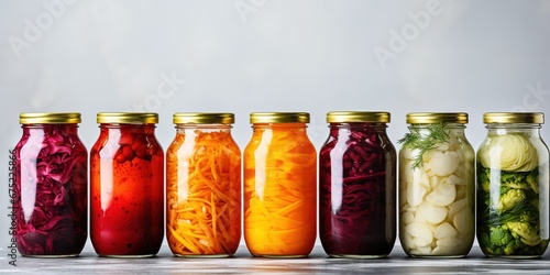 Probiotic food. Pickled or fermented vegetables. Sauerkraut in glass jar on a light background. Home food preserving or canning. Vegan product.