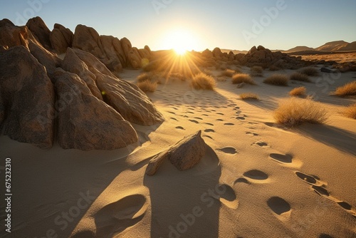 Warm sun illuminating sand dunes and rock formations at a desert sunrise. Generative AI